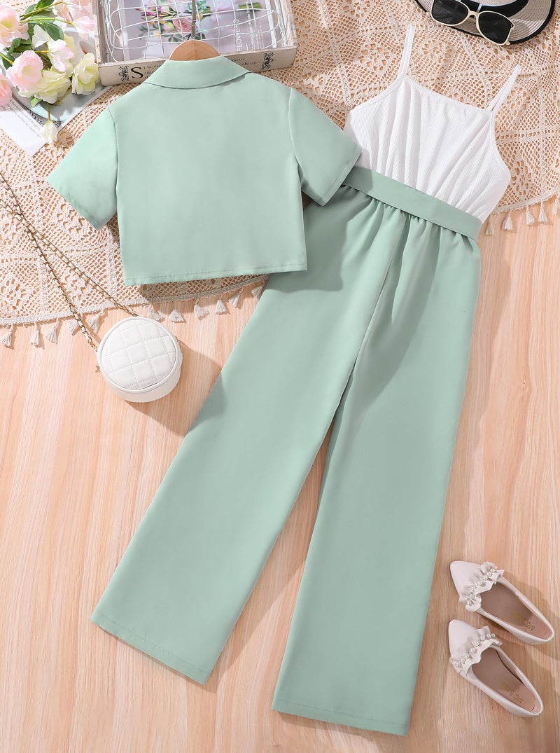 Hilinker Girl's 2 Piece Outfits Short Sleeve Blazer Belted Wide Leg Sleeveless Jumpsuit Sets Green White 11-12 Year - Image 2