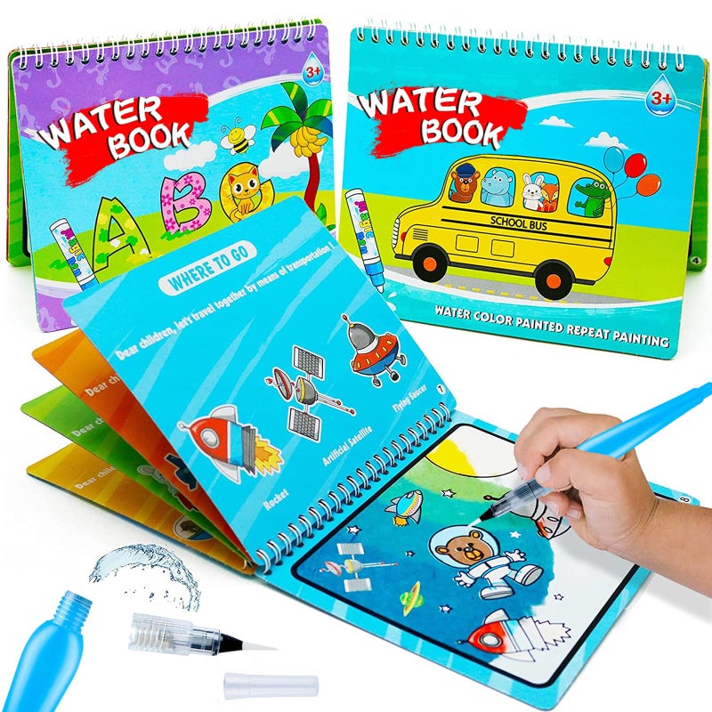 hapray Magic Water Paint Coloring Books for Toddler Art Toys Age 24 Educational Learning Doodle Toy Gifts for Girl Boy 3 2 1 Year Alphabet Transportation 2 Pack - Image 3