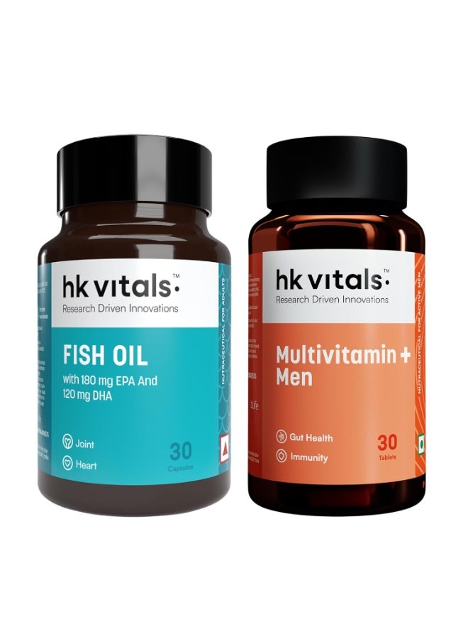 hk vitals Multivitamin Plus Men, 30 Tablets with Fish Oil Capsules For Men And Women (1000mg Omega 3 with 180 mg EPA & 120 mg DHA), 30 Capsules (Combo Pack) - Image 1