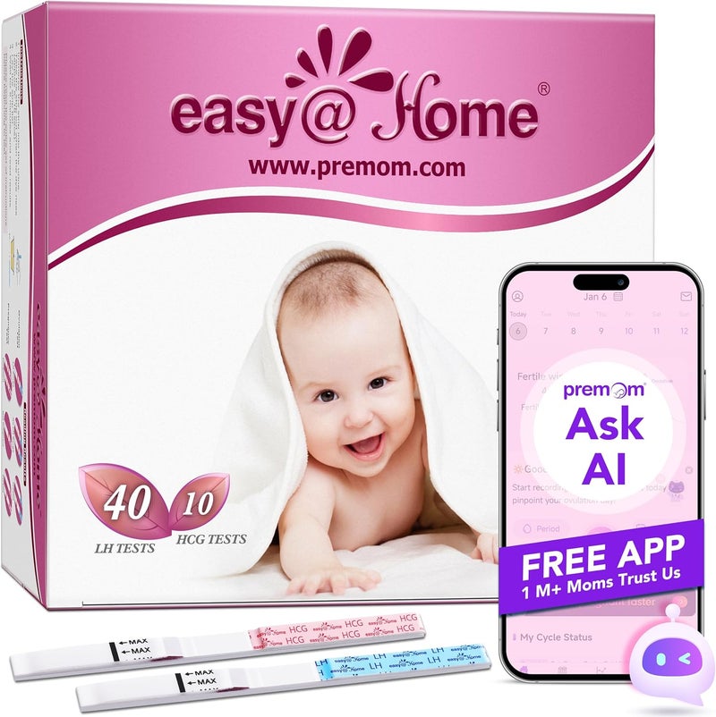 Easy@Home شرائط اختبار الإباضة من Easy@Home مدعومة بتطبيق Premom لتوقع الإباضة، مؤهلة لـ FSA، 40 اختبار إباضة و10 اختبارات حمل، 40LH +10HCG | قد يختلف التعبئة