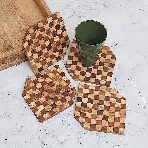 Indian-Shelf 4 Pieces Coasters Wooden | Coasters for Cups | Tea Coster | Coaters Set |Dining Table Decorative Items | Indian Traditional Gifts | Bar for Home | Coasters for Dining Table for Hot Pots - Image 1