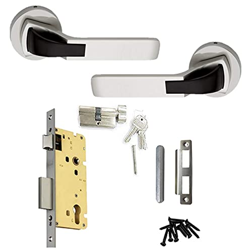Atom Mortise Rose Door Handle Set with Lock Body | Satin Black Finish | 3 Keys | 6 Lever Double Stage Lockset for Door, Bathroom, Bedroom, Living Room, O-42Rose - Image 2
