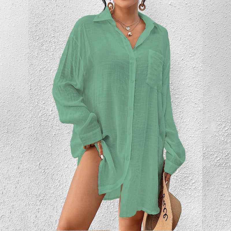 Generic New Cross-border European and American Bamboo Cotton Shirt Sunscreen Cardigan Beach Blouse Holiday Bikini Womens Swimwear Light green (1356)