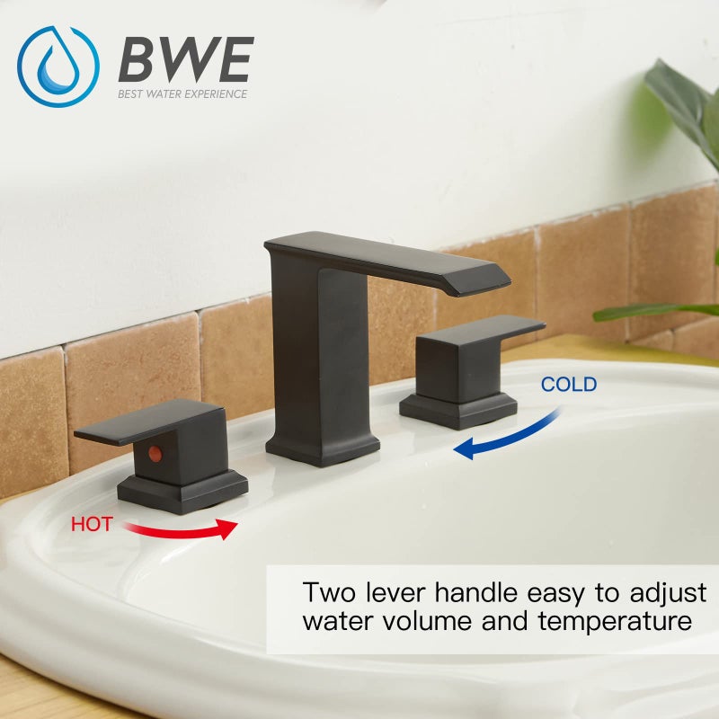 BWE 8 Inch Widespread Bathroom Faucet Black 2-Handle Waterfall Bathroom Faucet 3 Hole with Pop Up Drain Assembly and Supply Line Bath Lavatory Vanity Sink Faucet Mixer Tap - Image 3