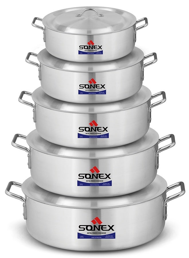 SONEX طقم قدر السمك سونيكس 2x6، مجموعة أواني الطهي، توزيع حرارة متساوي، قدر سمك متين، مقابض من الفولاذ المقاوم للصدأ، قدر متعدد الاستخدامات، أحجام متعددة، تشطيب معدني، فضي، 23.5/26/31/35.5/38.5 سم - Image 1