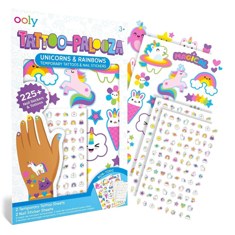 Ooly Set of 35 Unicorn & Rainbow Temporary Tattoos and 192 Nail Stickers for Kids, Easter Activities for Toddlers, Non-Toxic, Safe Kids Tattoos, Party Favors, Goodie Bag Stuffers