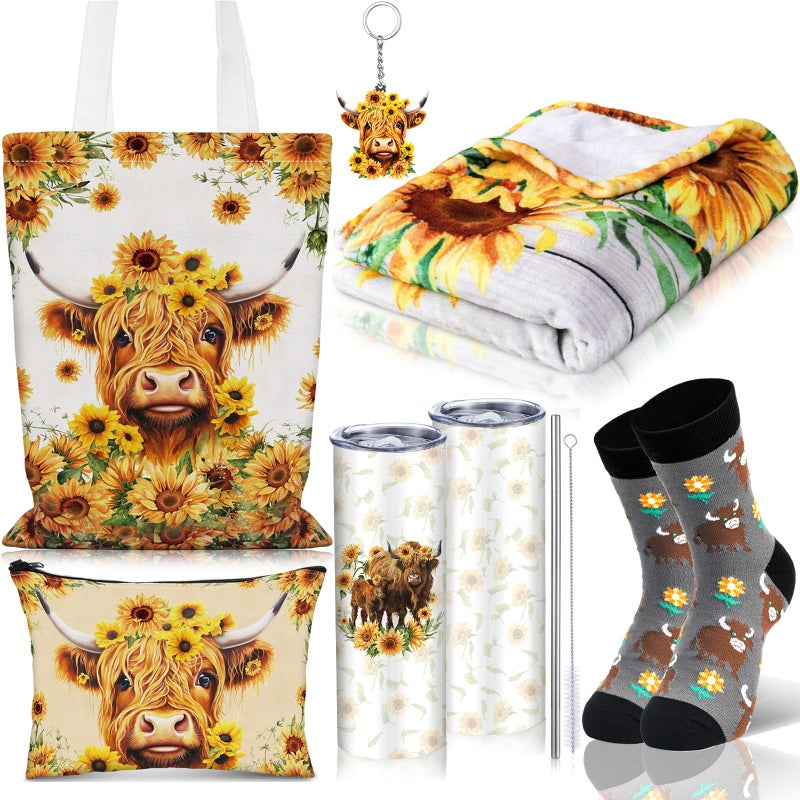 Tiangrid 6 Pcs Highland Cow Gifts for Women Include 20 oz Stainless Steel Tumbler with Lid and Straw Cosmetic Bag Throw Blanket Keychain Socks Handbag for Women GirlsBrown Sunflower Yellow - Image 2