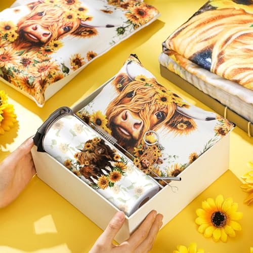 Tiangrid 6 Pcs Highland Cow Gifts for Women Include 20 oz Stainless Steel Tumbler with Lid and Straw Cosmetic Bag Throw Blanket Keychain Socks Handbag for Women GirlsBrown Sunflower Yellow - Image 3