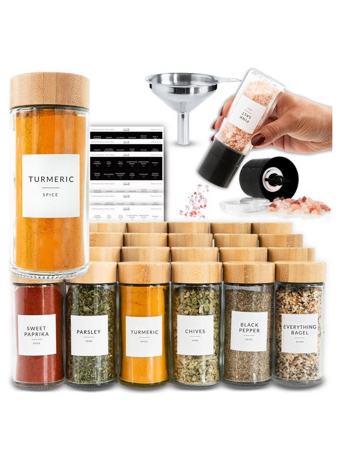 Savvy & Sorted SAVVY & SORTED Glass Spice Jars with Label, 24PK Round Bamboo Jar Spices Set 4oz, 374 Spice Labels, Pepper Grinder, Empty Herb Seasoning Containers, Funnel and Shaker Lids  - Image 1