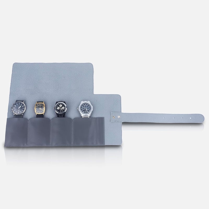 Folk Creations Vegan Leather Watch Roll – 4‑Slot Travel Case, Compact Snap Closure, Grey - Image 2