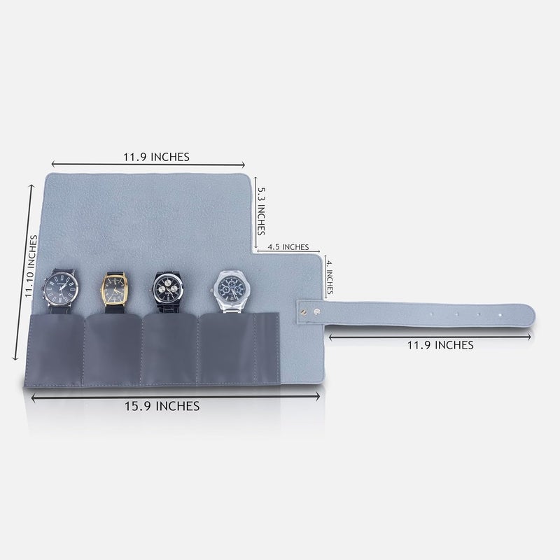 Folk Creations Vegan Leather Watch Roll – 4‑Slot Travel Case, Compact Snap Closure, Grey - Image 4