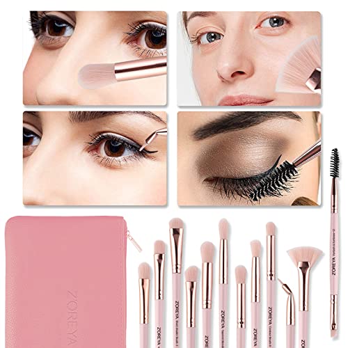 Z'OREYA Eye Makeup Brushes, 12 Pcs Professional Eye Brush Set Eyeshadow, Eyebrow, Blending, Fan, Eyelash Brushes Set With Carrying Bag (Pink) - Image 2