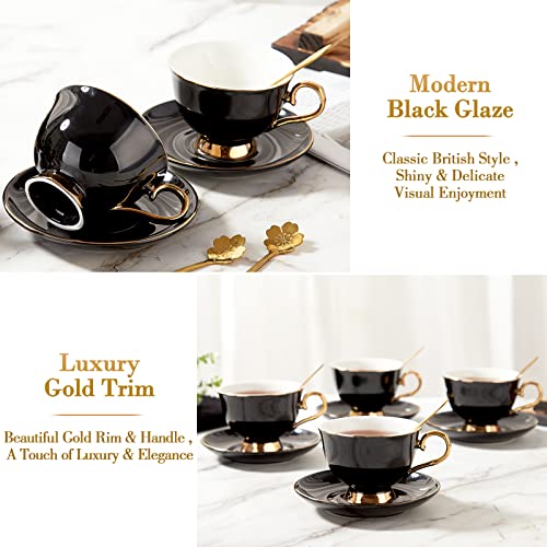 DUJUST Tea Cups and Saucers Set of 4 (7.4oz), Luxury Tea Cup Set with Golden Trim, Black Coffee Cups with Metal Stand, British Porcelain Tea Party Set - Black - Image 3