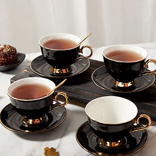 DUJUST Tea Cups and Saucers Set of 4 (7.4oz), Luxury Tea Cup Set with Golden Trim, Black Coffee Cups with Metal Stand, British Porcelain Tea Party Set - Black - Image 2