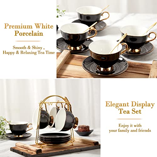 DUJUST Tea Cups and Saucers Set of 4 (7.4oz), Luxury Tea Cup Set with Golden Trim, Black Coffee Cups with Metal Stand, British Porcelain Tea Party Set - Black - Image 4