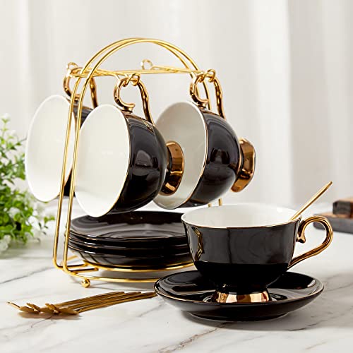 DUJUST Tea Cups and Saucers Set of 4 (7.4oz), Luxury Tea Cup Set with Golden Trim, Black Coffee Cups with Metal Stand, British Porcelain Tea Party Set - Black - Image 1