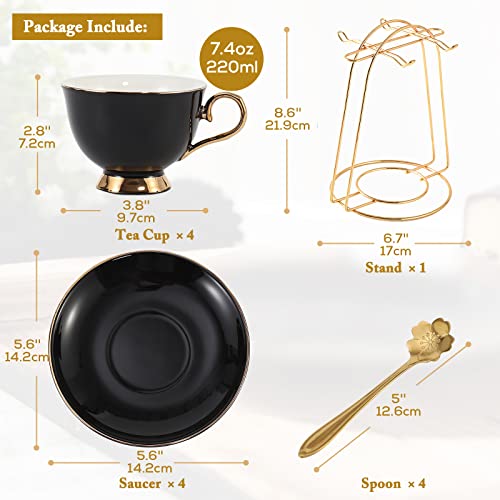 DUJUST Tea Cups and Saucers Set of 4 (7.4oz), Luxury Tea Cup Set with Golden Trim, Black Coffee Cups with Metal Stand, British Porcelain Tea Party Set - Black - Image 5