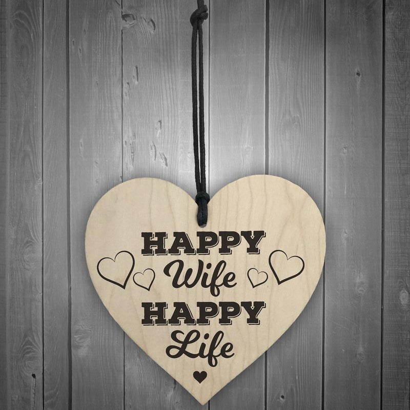 RED OCEAN Happy Wife Happy Life Novelty Wooden Hanging Heart Love Plaque - Image 2