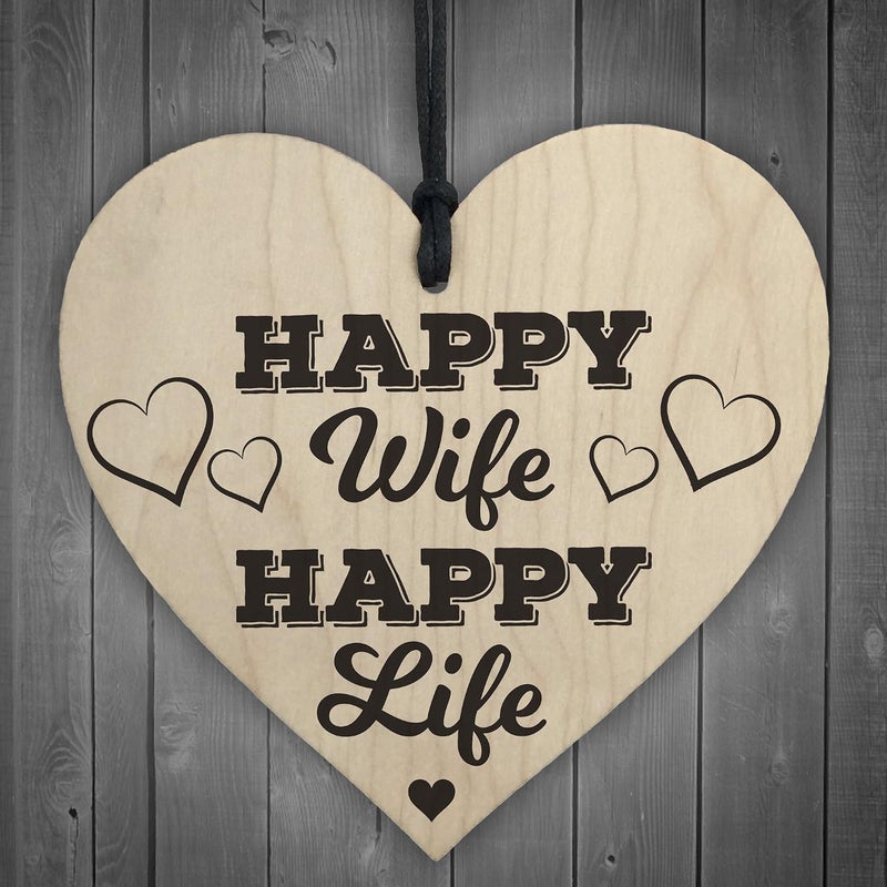 RED OCEAN Happy Wife Happy Life Novelty Wooden Hanging Heart Love Plaque - Image 1