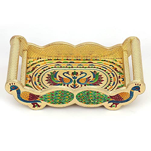 VishAl smart MAll Handmade Meenakari Peacock Design Glass Set of 6 – 250ml Decorative Stainless Steel Glass with Wooden Tray | Traditional Indian Drinkware for Home, Kitchen & Gifting (Gold) - Image 4
