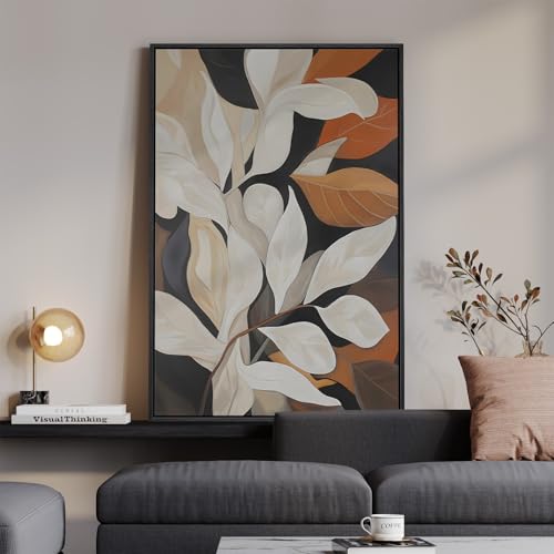 Cuspin Framed Boho Abstract Botanical Wall Art for Living Room Neutral Terracotta Beige Floral Painting Print Canvas Artwork for Walls Vertical Mid Century Modern Wall Decor for Bedroom Office 24x36 Inch - Image 1
