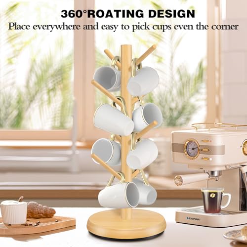 ZYZWTG Mug Holder TreeNew Upgraded 360 Rotated 8 Hooks Coffee Cup Holder for CounterWood Coffee Mug Rack Standing for Coffe e Bar Accessories and Kitchen Home OrganizerNatural - Image 3
