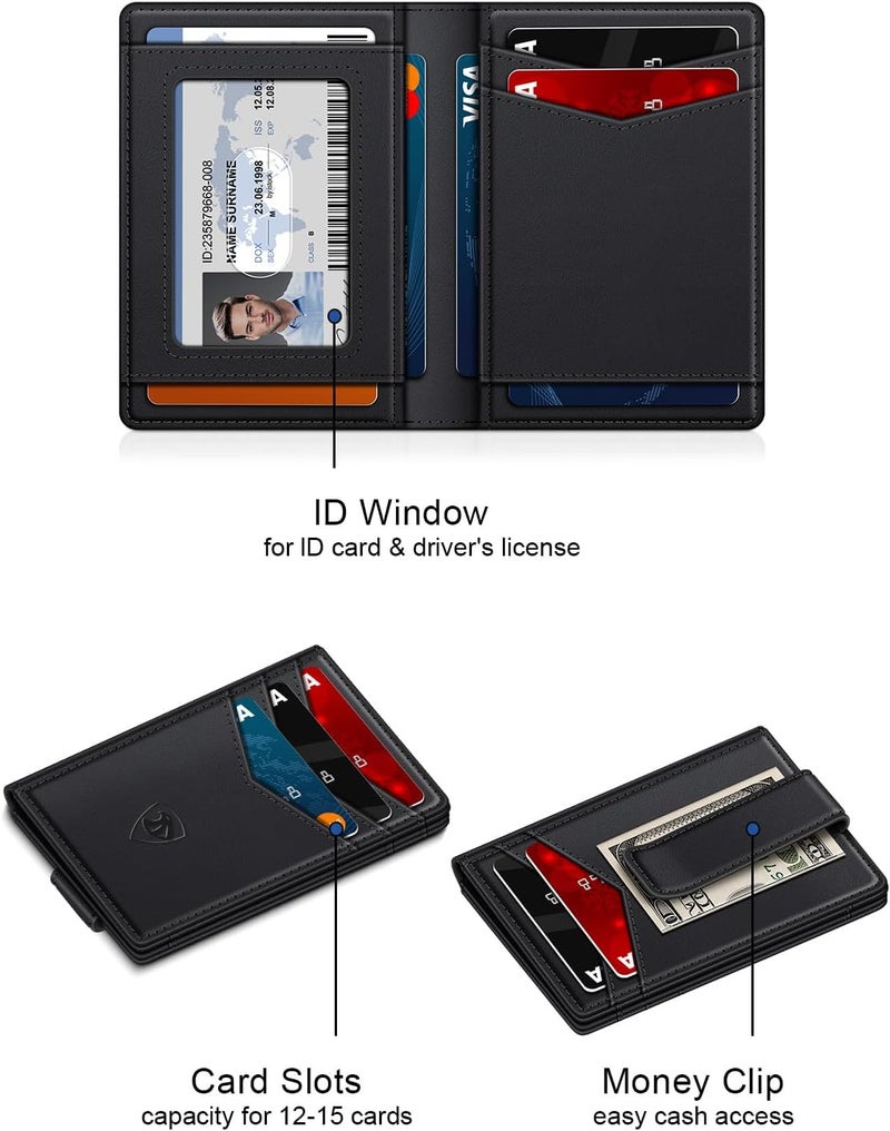 ZALVEX محفظة زالفكس للرجال من الجلد لـ 12-15 بطاقة، حامل بطاقات رفيع بسيط يحجب إشارات RFID مع مشبك نقود ونافذة للهوية، أسود، بسيط - Image 4