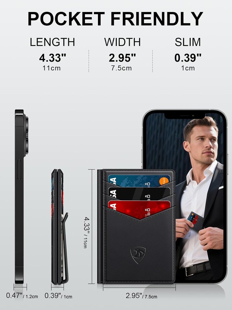 ZALVEX محفظة زالفكس للرجال من الجلد لـ 12-15 بطاقة، حامل بطاقات رفيع بسيط يحجب إشارات RFID مع مشبك نقود ونافذة للهوية، أسود، بسيط - Image 2