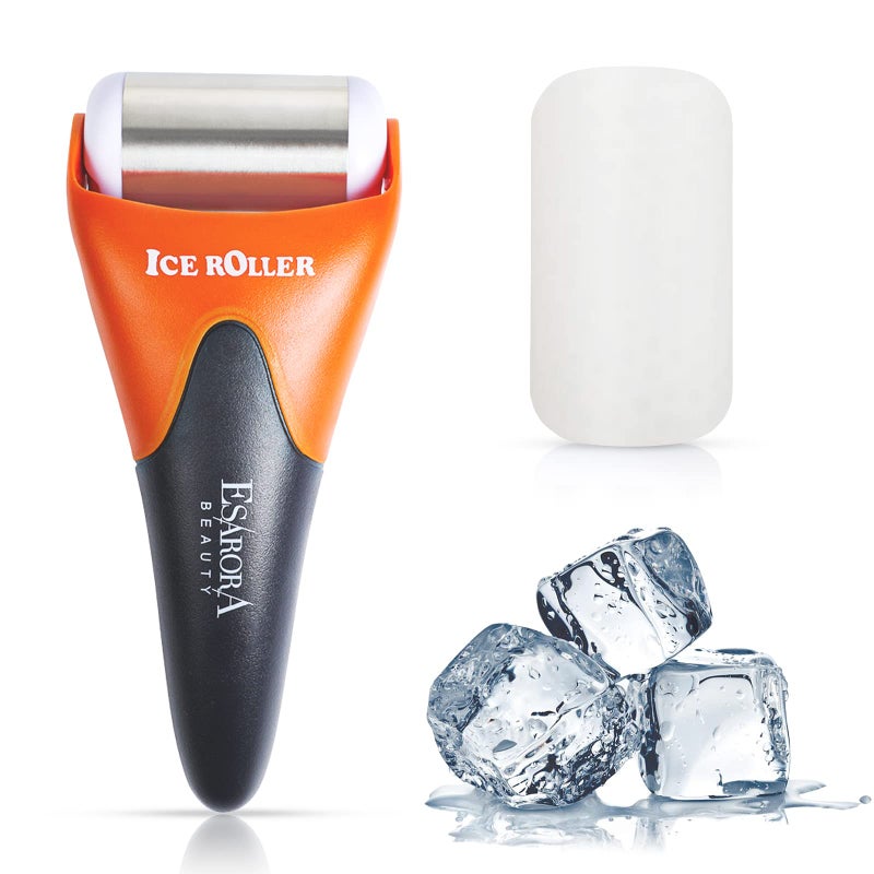 ESARORA Ice Roller for Face  Eye Puffiness Migraine Pain Relief and Minor Injury Skin Care Products  Black Orange 1 Plastic Roller  1 Stainless Steel Roller