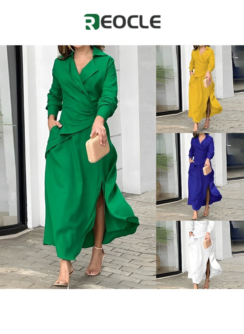 REOCLE - Green Dress Autumn New European and American Fashion Fashion Casual Solid Color V-neck Slit Long-sleeved Shirt Dress - Image 1