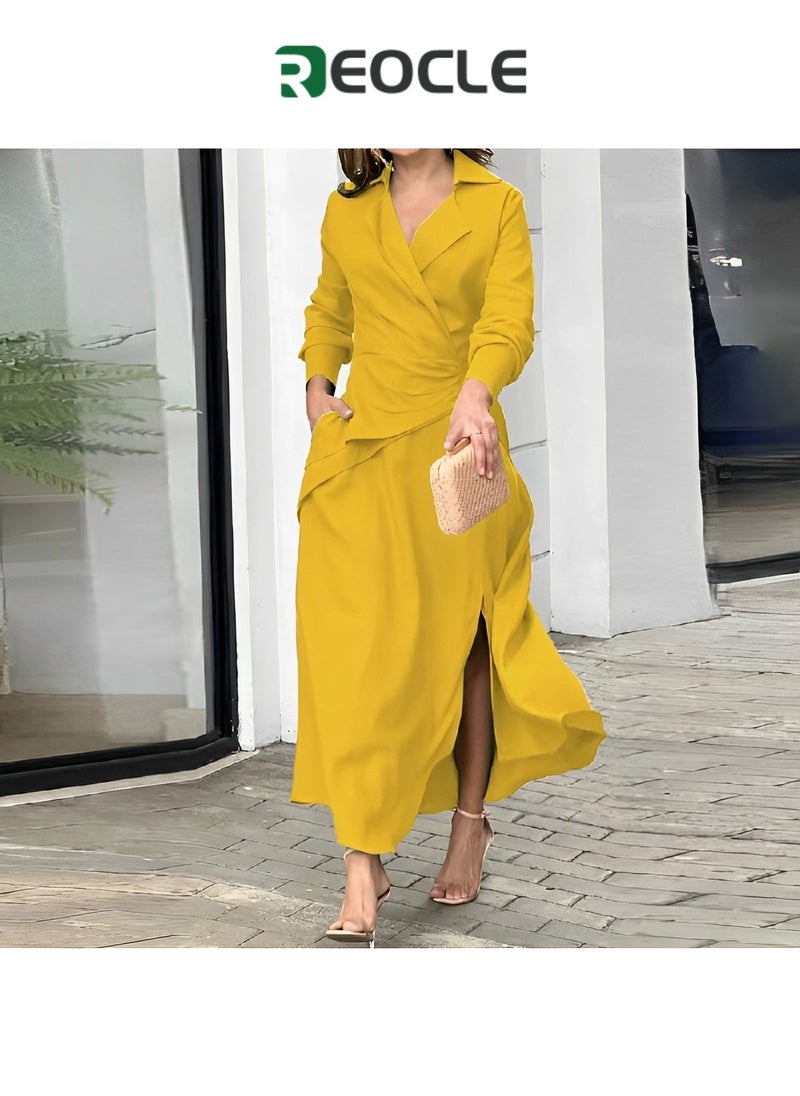 REOCLE - Green Dress Autumn New European and American Fashion Fashion Casual Solid Color V-neck Slit Long-sleeved Shirt Dress - Image 1