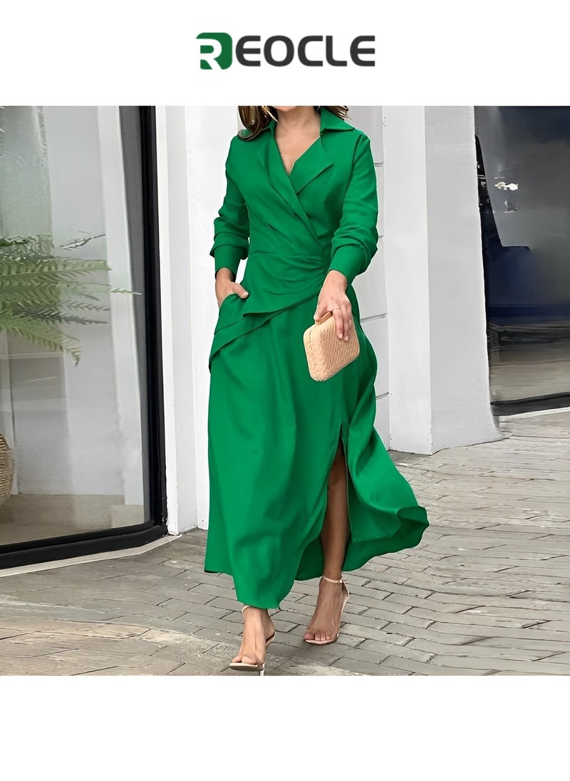 REOCLE - Green Dress Autumn New European and American Fashion Fashion Casual Solid Color V-neck Slit Long-sleeved Shirt Dress - Image 1