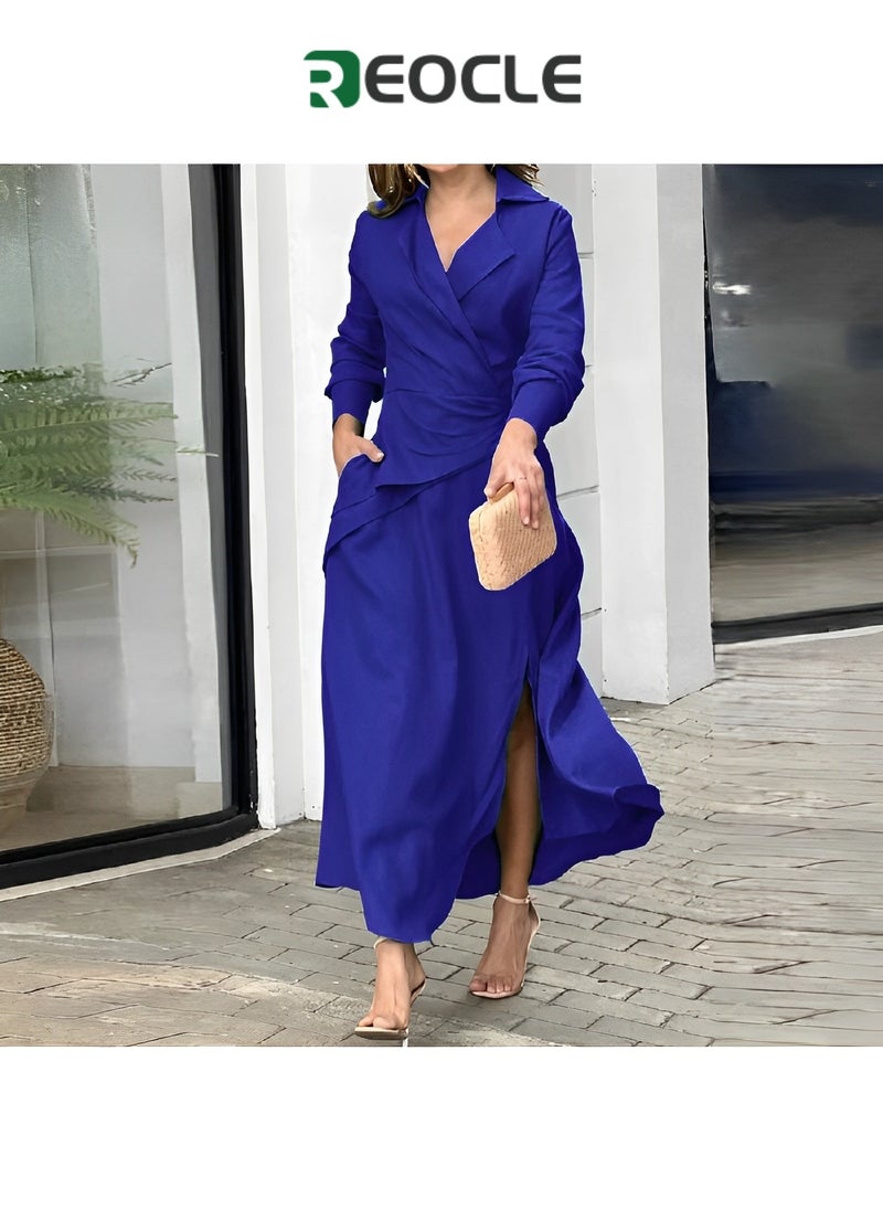 REOCLE - Green Dress Autumn New European and American Fashion Fashion Casual Solid Color V-neck Slit Long-sleeved Shirt Dress - Image 1