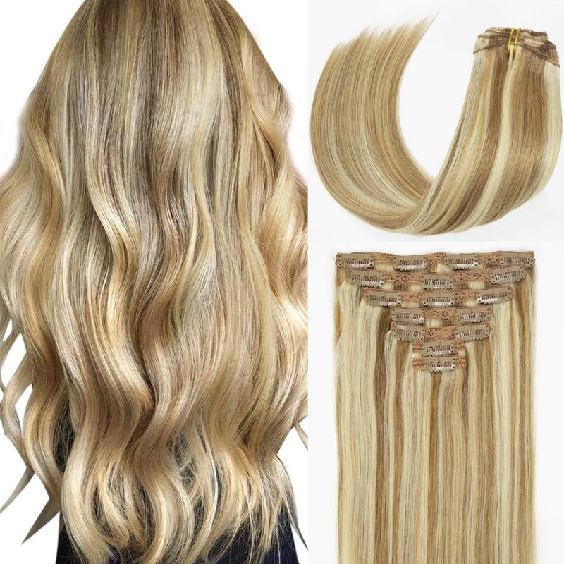 Caliee Human Hair Clip in Hair Extensions Highlight Golden Brown 10 and Bleach Blonde 613 Real Human Hair Silky Straight Clip in Double Weft Lace Clip ins 120g 16inch