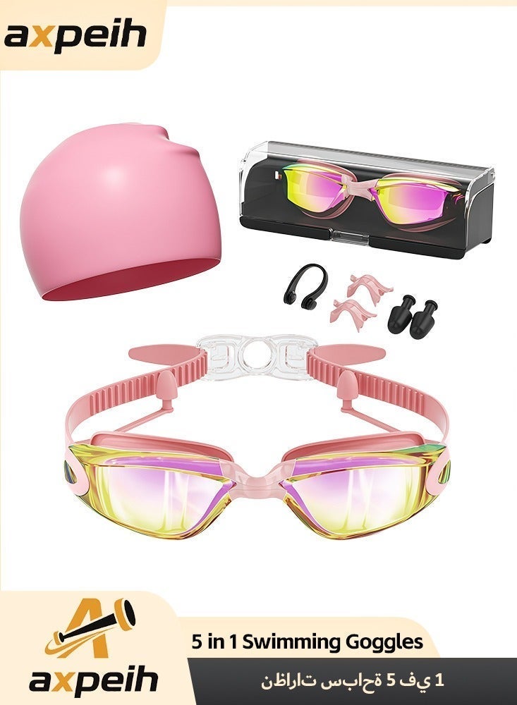 أكسبيه 5 في 1 نظارات سباحة مضادة للضباب -مجموعة النظارات المزودة بغطاء سباحة، سدادات الأذن، مشبك الأنف، نظارات مقاومة للتسرّب -نظارات سباحة مقاومة للماء يمكن أن تحجب الأشعة فوق البنفسجية بفعالية -ملائمة للرجال والنساء (وردي اللون) - Image 1