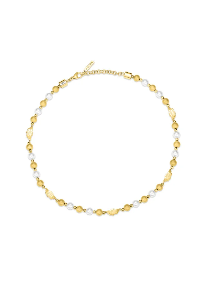POLICE Expression Necklace  GoldPlated with White and GoldPlated Pearls, P Wing Logo, Bold and Luxurious Style