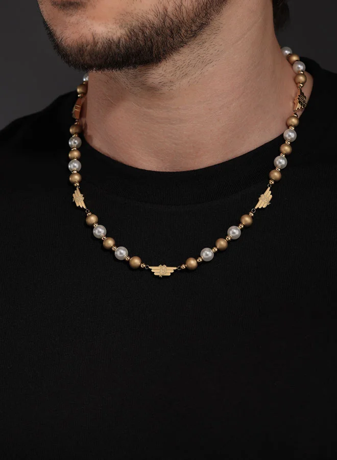 Police gold Expression Necklace  GoldPlated with White and GoldPlated Pearls, P Wing Logo, Bold and Luxurious Style for Men | Best Price UAE
