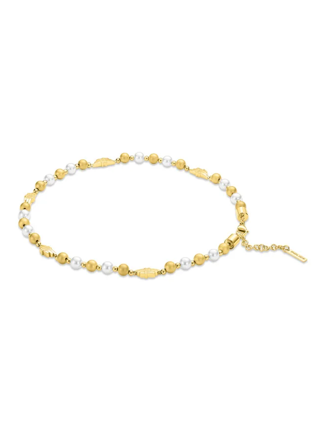 POLICE Expression Necklace  GoldPlated with White and GoldPlated Pearls, P Wing Logo, Bold and Luxurious Style