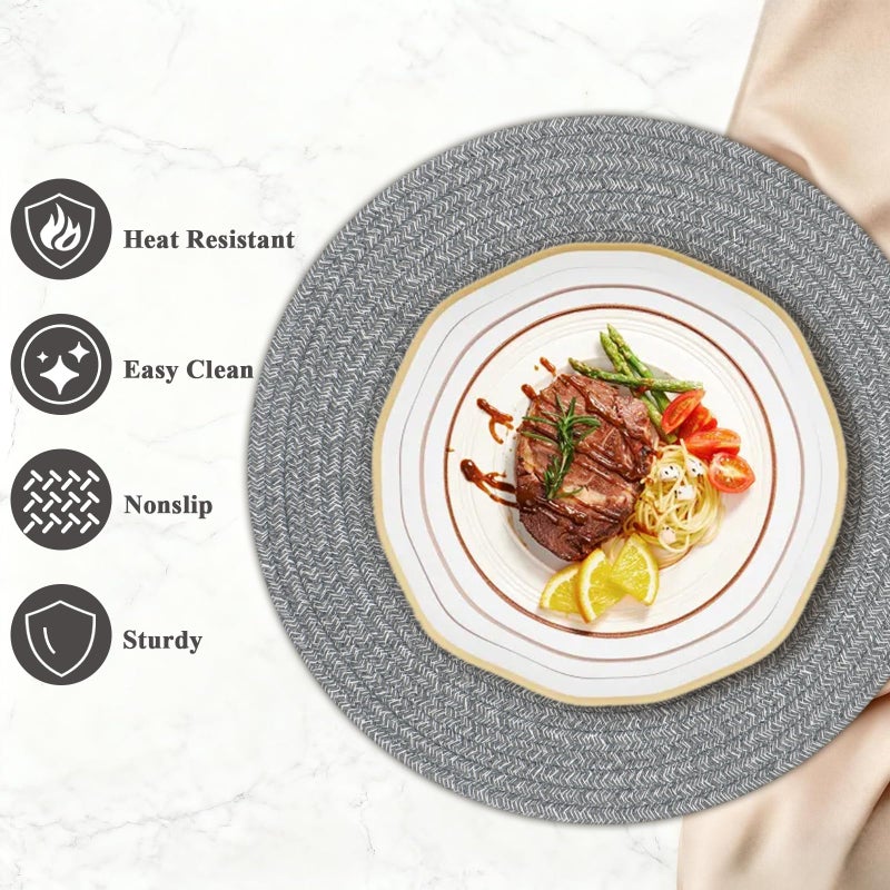 Jukercici Round Placemats Set of 6, Cotton Rope Woven Table Mats, Hot Pads for Kitchen, Non Slip Heat Resistant Place Mats, 13 Inches Braided Placemat for Farmhouse Decor and Kitchen Table Decor (Gray) - Image 3