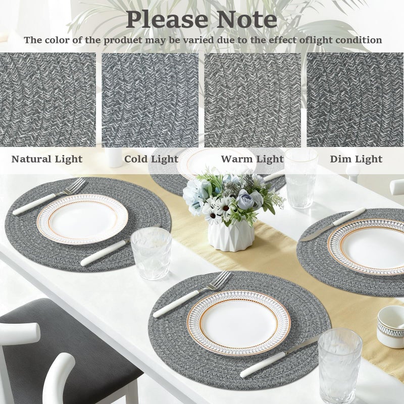 Jukercici Round Placemats Set of 6, Cotton Rope Woven Table Mats, Hot Pads for Kitchen, Non Slip Heat Resistant Place Mats, 13 Inches Braided Placemat for Farmhouse Decor and Kitchen Table Decor (Gray) - Image 4