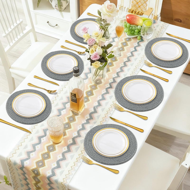 Jukercici Round Placemats Set of 6, Cotton Rope Woven Table Mats, Hot Pads for Kitchen, Non Slip Heat Resistant Place Mats, 13 Inches Braided Placemat for Farmhouse Decor and Kitchen Table Decor (Gray) - Image 5