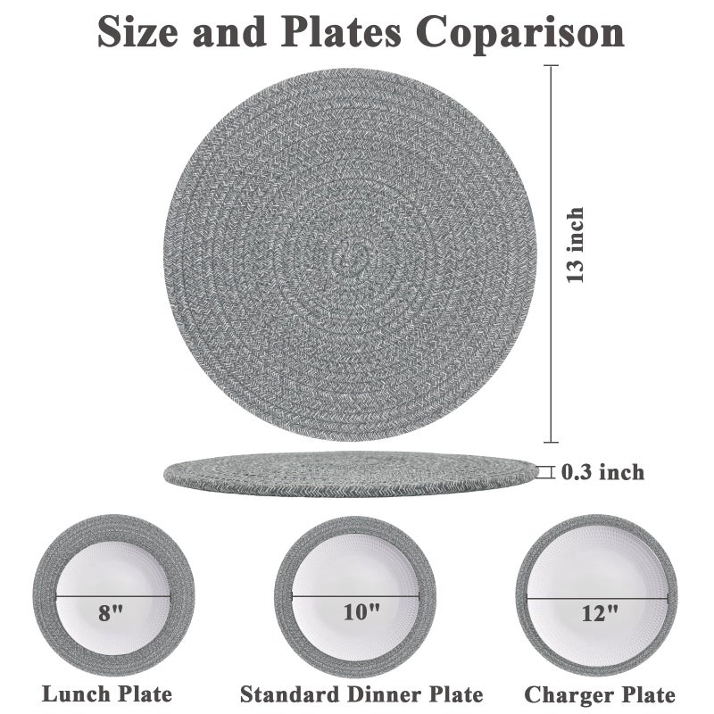 Jukercici Round Placemats Set of 6, Cotton Rope Woven Table Mats, Hot Pads for Kitchen, Non Slip Heat Resistant Place Mats, 13 Inches Braided Placemat for Farmhouse Decor and Kitchen Table Decor (Gray) - Image 2