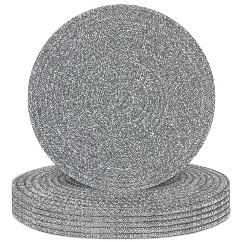 Jukercici Round Placemats Set of 6, Cotton Rope Woven Table Mats, Hot Pads for Kitchen, Non Slip Heat Resistant Place Mats, 13 Inches Braided Placemat for Farmhouse Decor and Kitchen Table Decor (Gray) - Image 1