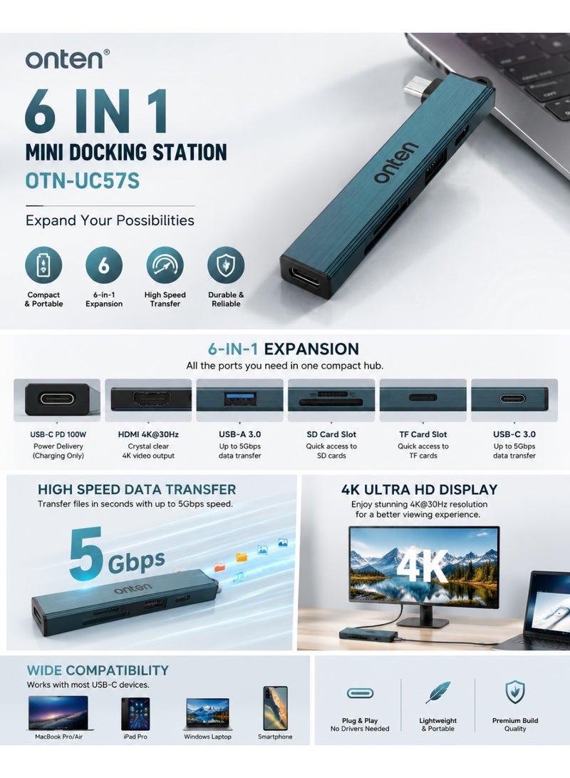 أونتن قاعدة توصيل أونتن OTN-UC57S ميني 6 في 1 بمنفذ USB-C - Image 2