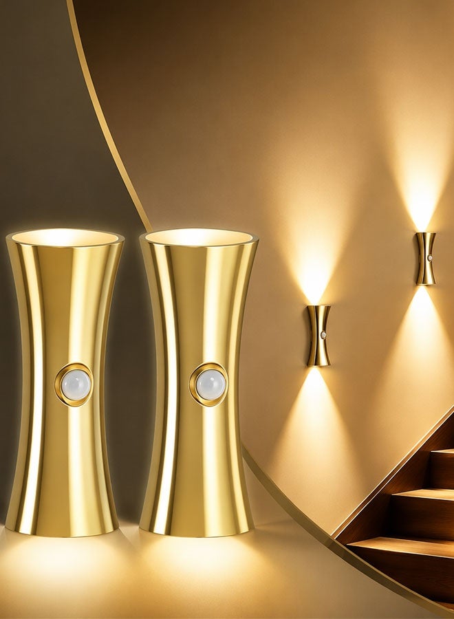Gold Battery Operated Wall Sconce, Motion Sensor Night Light 2 Pcs | Rechargeable Sconces, 3 Color Temperatures, Long Battery Life, Eye Friendly, Tool Free Magnetic Mounting, for Stairs, Bedroom - Image 1