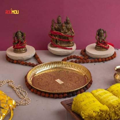ROLIMOLI Premium Design Brass Puja Thali Set for Festival Ethnic Pooja Thali for Home Temple Office 8 inch thali Set of 8 pcs Brass 1 Pieces Gold - Image 4
