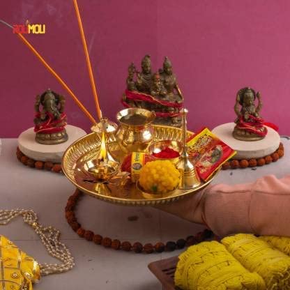 ROLIMOLI Premium Design Brass Puja Thali Set for Festival Ethnic Pooja Thali for Home Temple Office 8 inch thali Set of 8 pcs Brass 1 Pieces Gold - Image 1