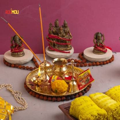 ROLIMOLI Premium Design Brass Puja Thali Set for Festival Ethnic Pooja Thali for Home Temple Office 8 inch thali Set of 8 pcs Brass 1 Pieces Gold - Image 3