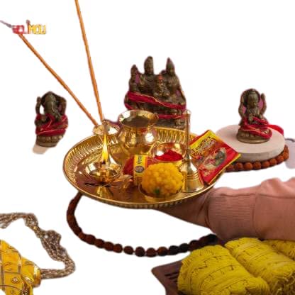 ROLIMOLI Premium Design Brass Puja Thali Set for Festival Ethnic Pooja Thali for Home Temple Office 8 inch thali Set of 8 pcs Brass 1 Pieces Gold - Image 2