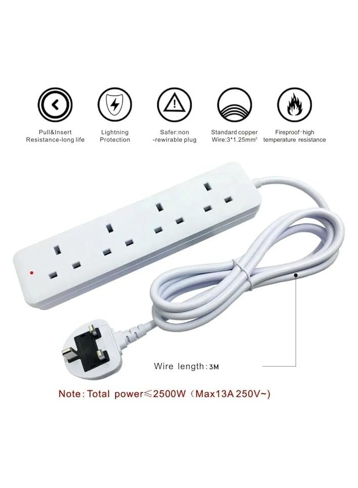 جرين تايجر مقبس تمديد 13A4 مع كابل بطول 3 أمتار، 4 مقابس عالمية - سلك تمديد مع مصراع أمان ومؤشر LED - 2500 واط، قابس تمديد المملكة المتحدة (أبيض) - Image 2